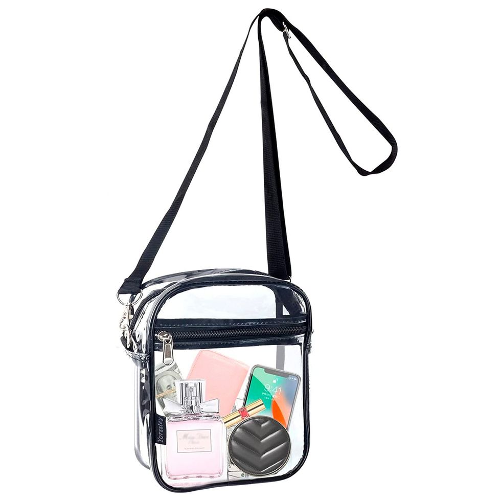 Clear Stadium Bag With Gold Top Handles & Gold Twist Lock Accents