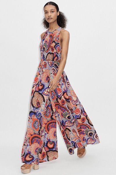 Vibrant Paisley Print Wide-Leg Shirred Jumpsuit Vibrant Paisley Print Wide-Leg Shirred Jumpsuit