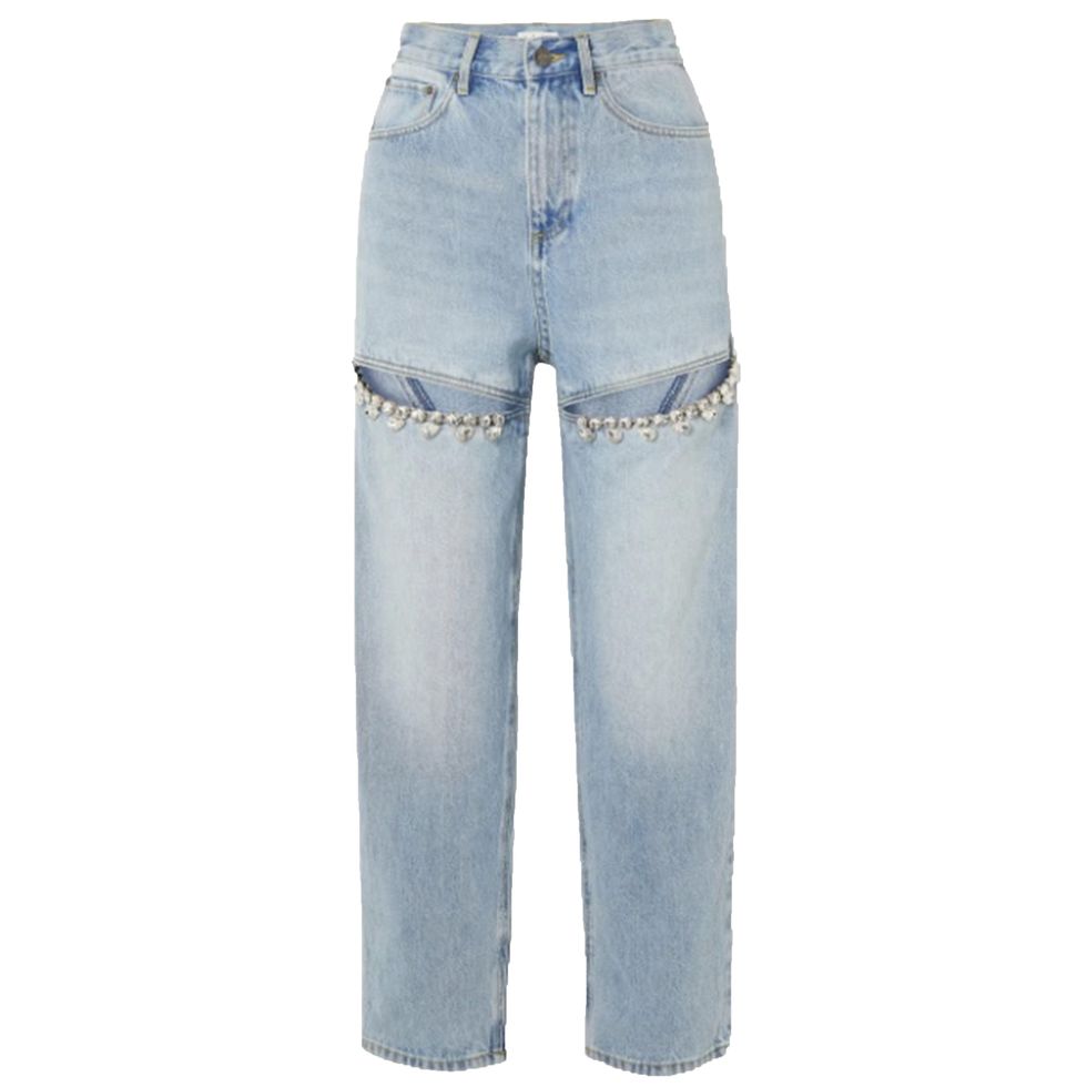 Straight-Leg Frayed Crystal-Embellished Jeans