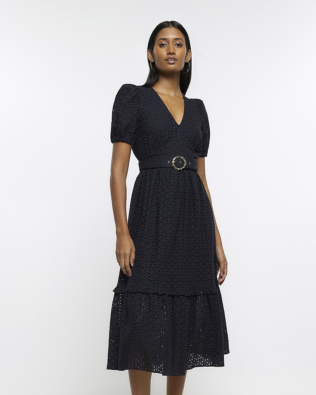 Black broderie midi outlet dress