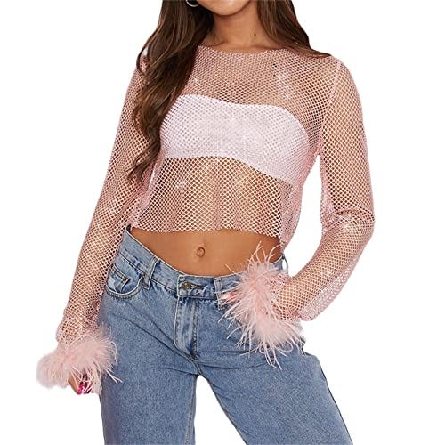 Rhinestone Fishnet Long Sleeve Top Sheer Mesh 