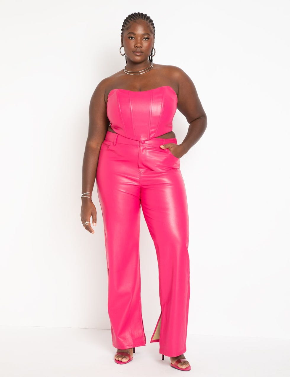 Faux Leather Corset and Slit-Hem Pants