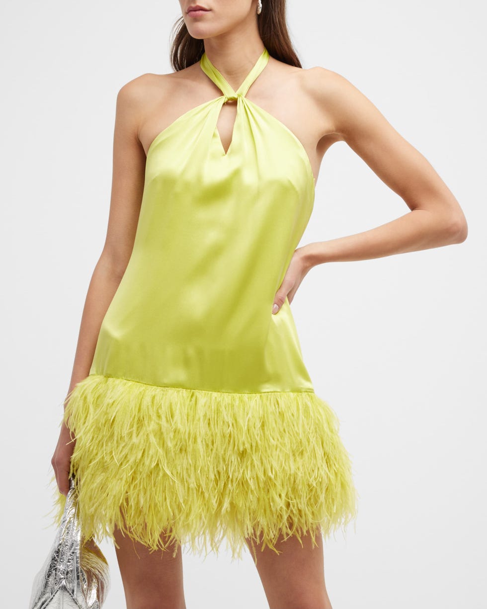 Barb Feathered Silk Mini Halter Dress