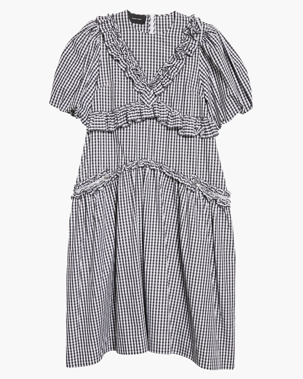 Puff Sleeve Ruffle Trim Gingham Check Midi Dress