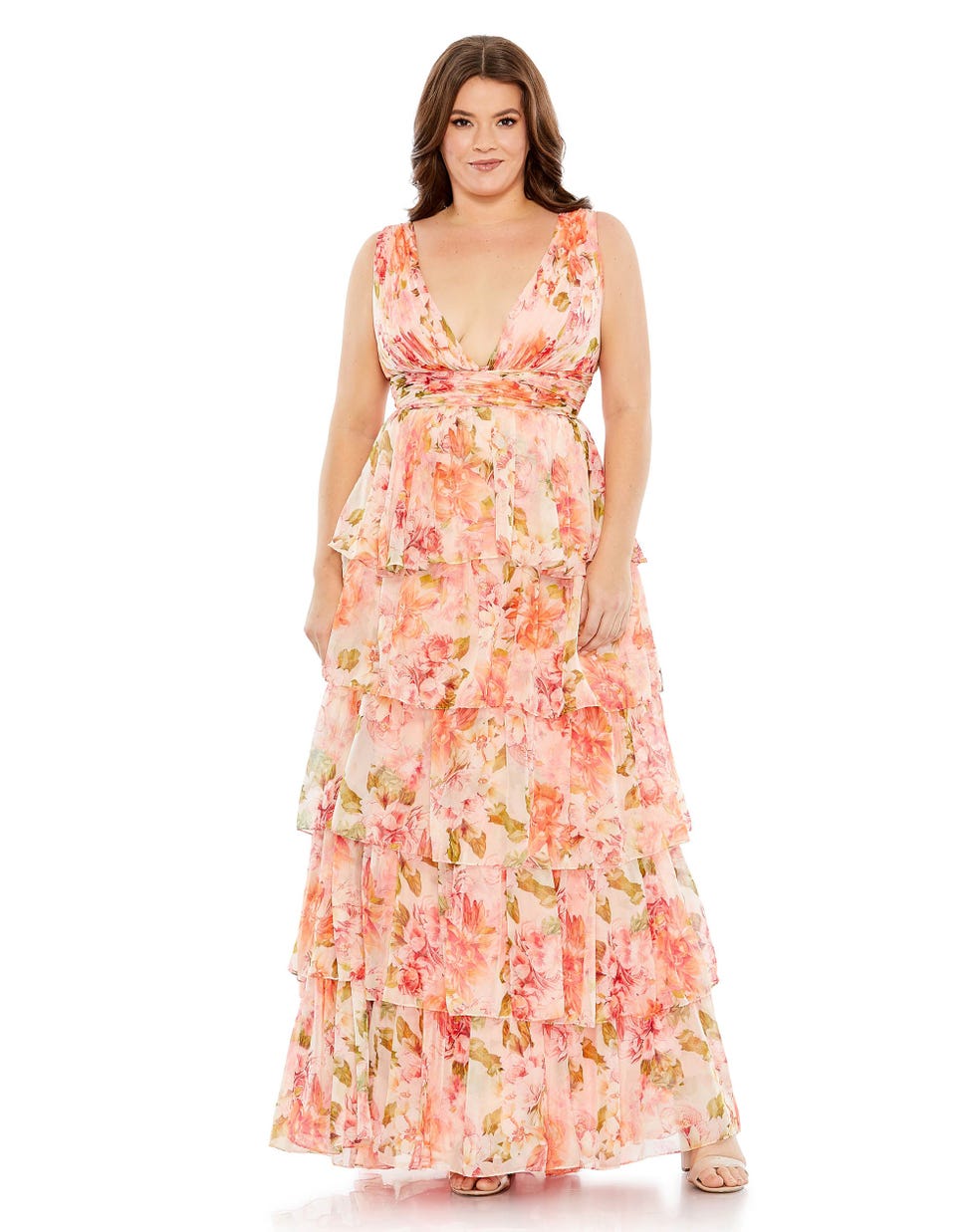 MacDuggal Floral Print Tiered V-Neckline Gown 