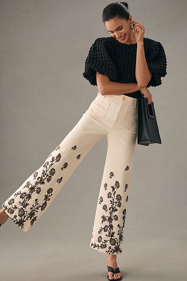 Floral Cropped Wide-Leg Jeans