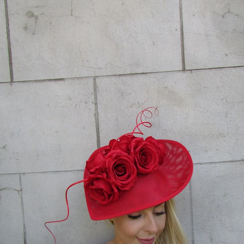 New Large Red Rose Flower Feather Teardrop Fascinator