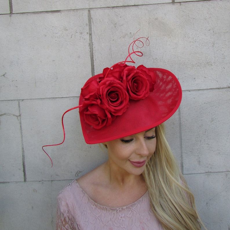 New Large Red Rose Flower Feather Teardrop Fascinator