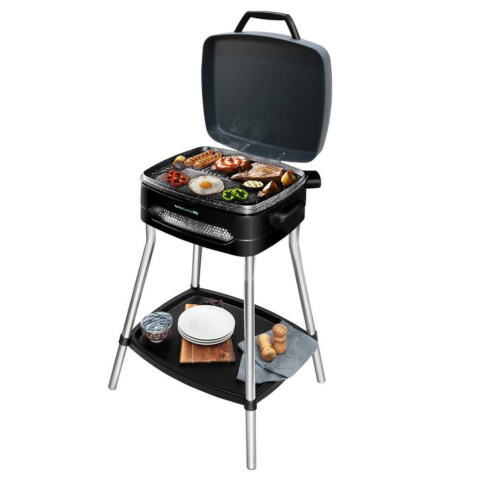 Barbacoa eléctrica con patas y tapa abatible
