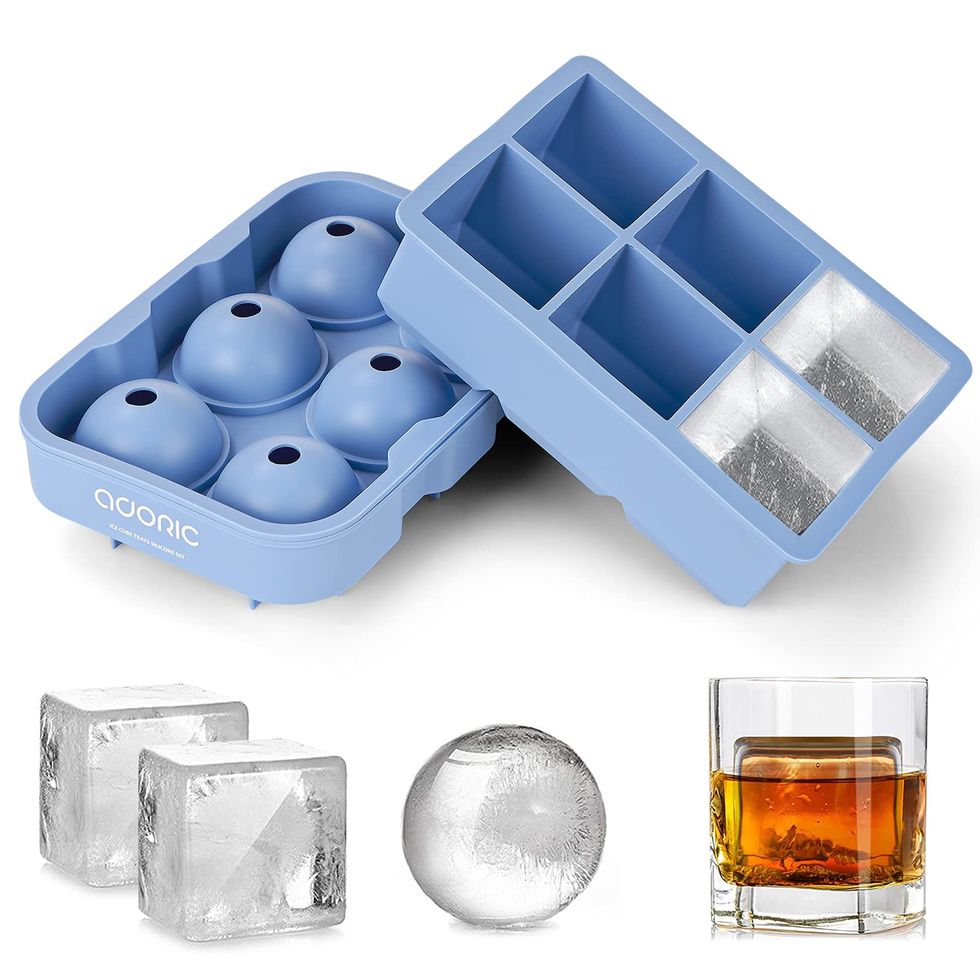 Ice Cube Trays Silicone Set of 2, Sphere Ice Ball Maker with Lid and Large Square Ice Cube Molds for Whiskey, Reusable and BPA Free-Blue