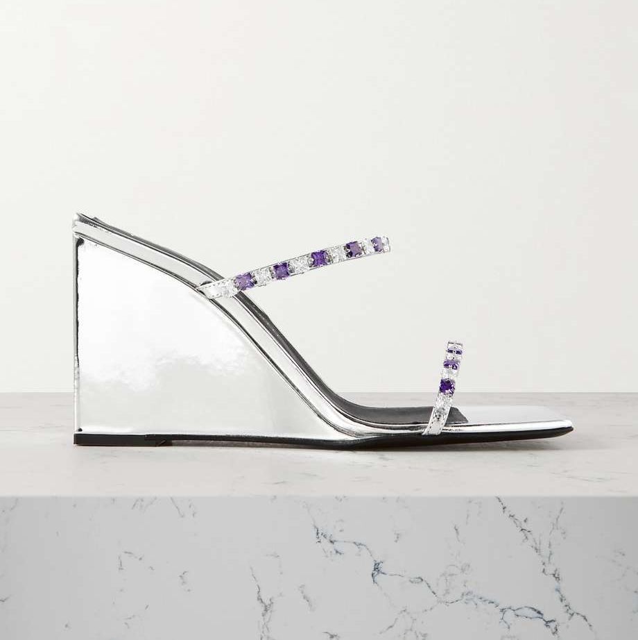 Shangay Crystal-Embellished Mirrored-Leather Wedge Mules