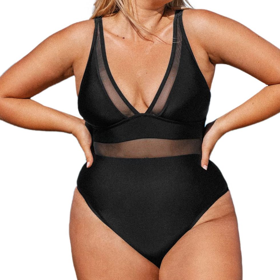 One-Piece V-Neck Mesh Sheer Tummy Control Bathing Suit