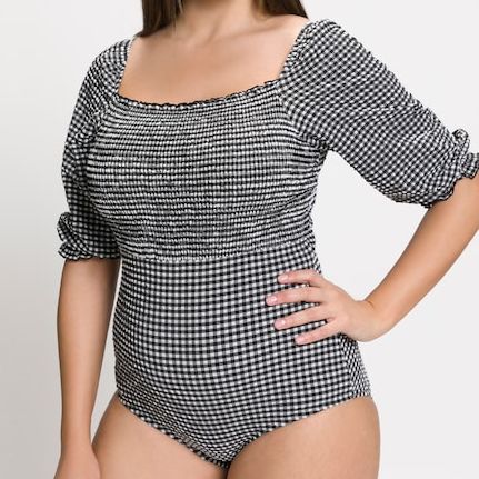 Gingham Check Smocked Bodice Puff-Sleeve Front-Lined Swimsuit