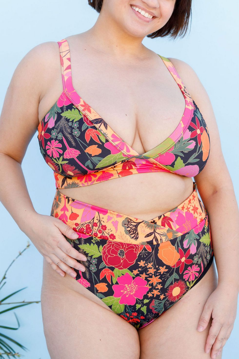 Plus Size Swimsuit Cute Floral Print High Waisted Bikini