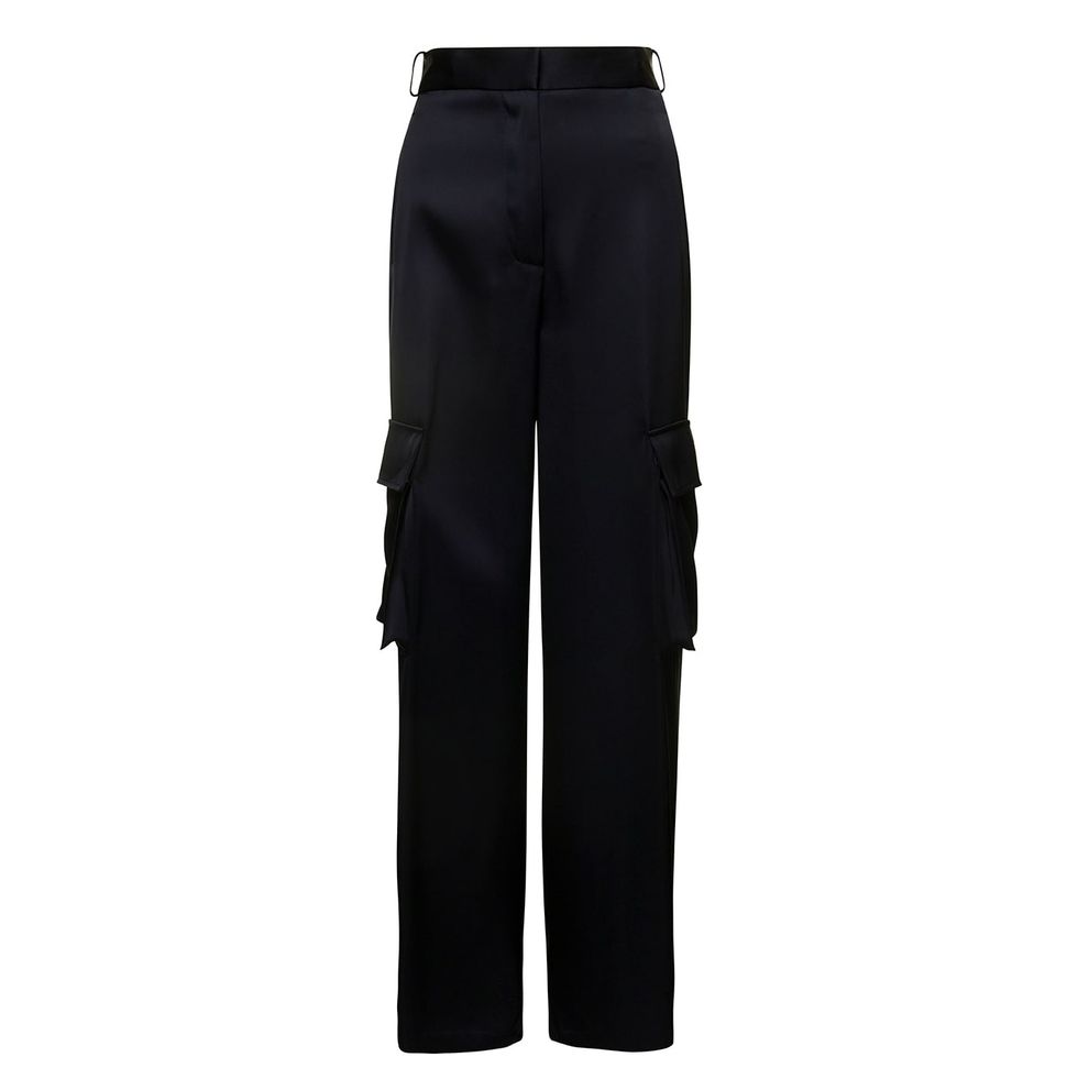 Black Cargo Pants Satn Effect With Cargo Pockets In Viscose Woman