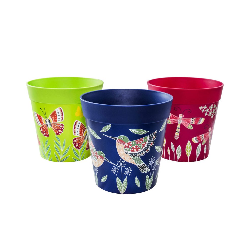 Hum Flowerpots, 15cm, Juego de 3, Varios Diseños, Colores y Tamaños, Planta de Plástico para Interiores/Exteriores Macetas, Azul Rosa Verde