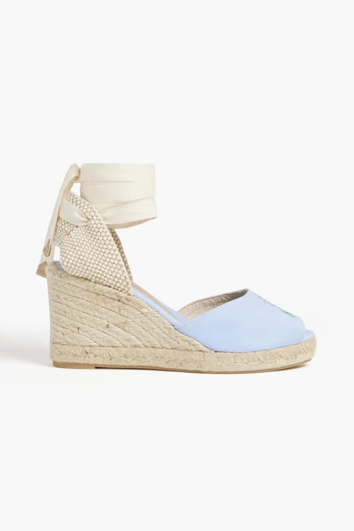 Embroidered canvas wedge espadrille sandals
