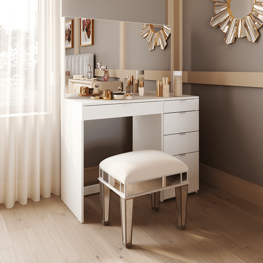 46.7 Makeup Vanity Table with Mirror, Vanity Desk with 5 Drawer, Bedroom Dressing Table, White Latitude Run