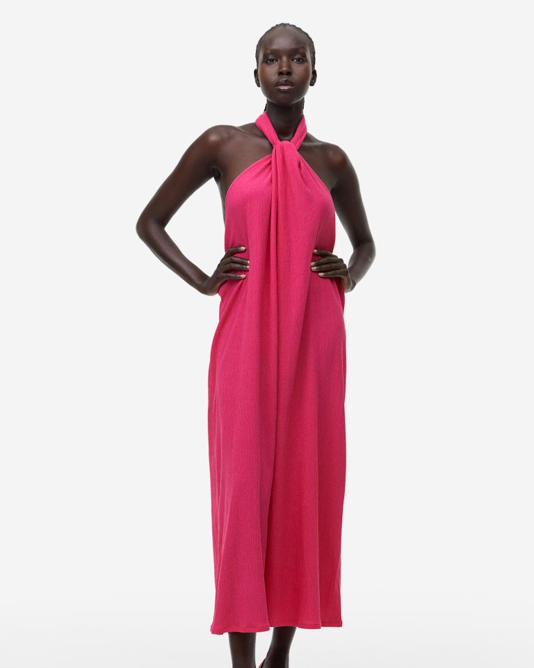 Pink Long Maxi Satin Halter-Neck Dress