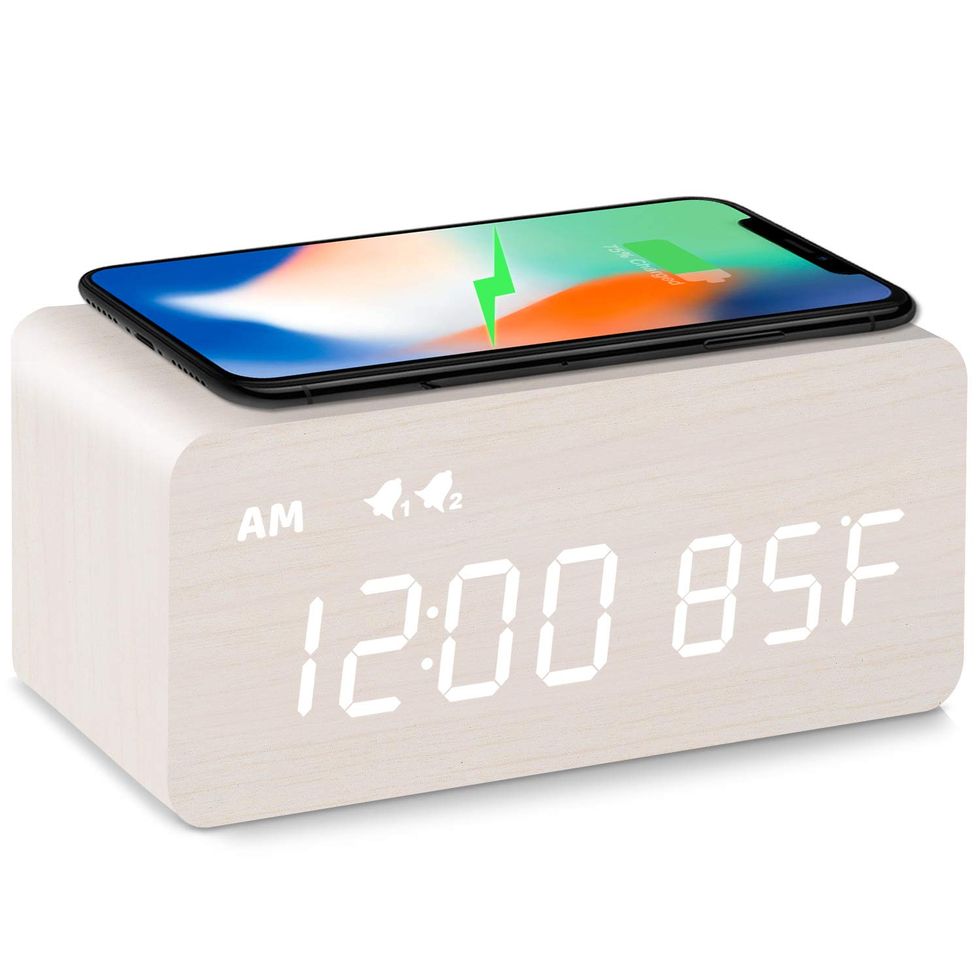 Digital Wooden Alarm Clock with Wireless Charging