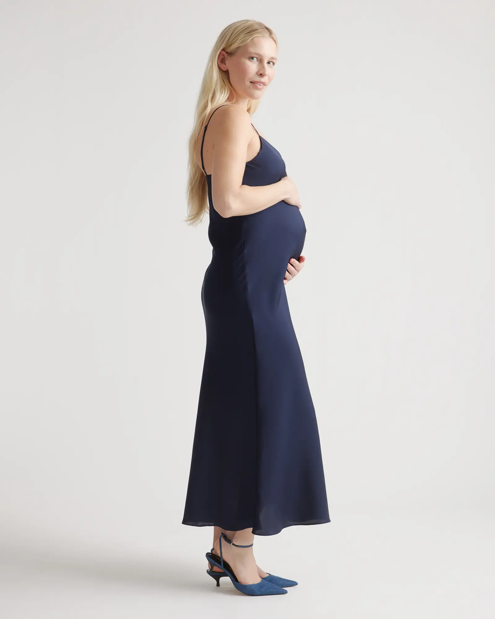 Navy Smocked Ruffle Strap Maternity Midi Dress– PinkBlush