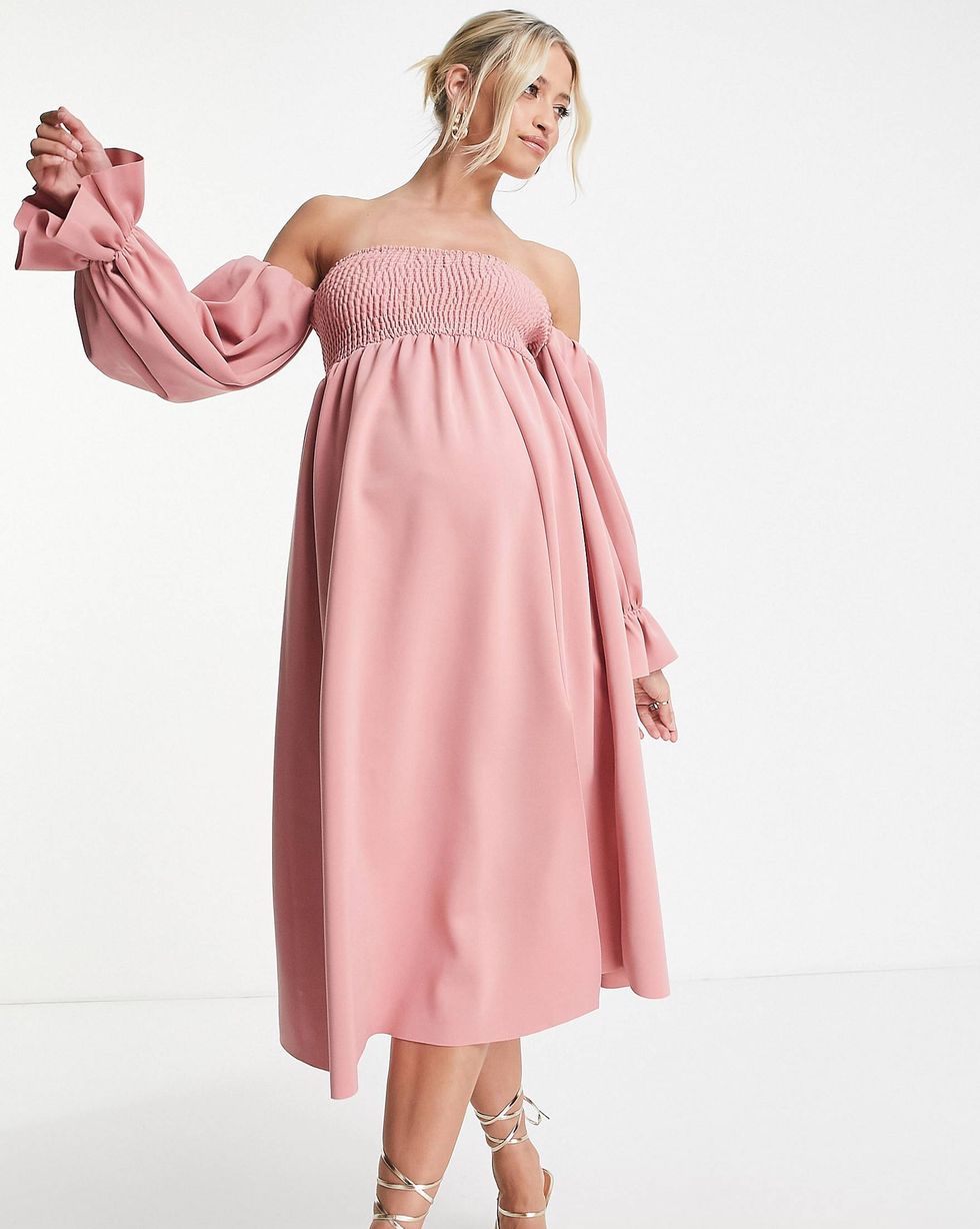 Maternity Shirred-Bust Blouson-Sleeve Midi Dress in Pink