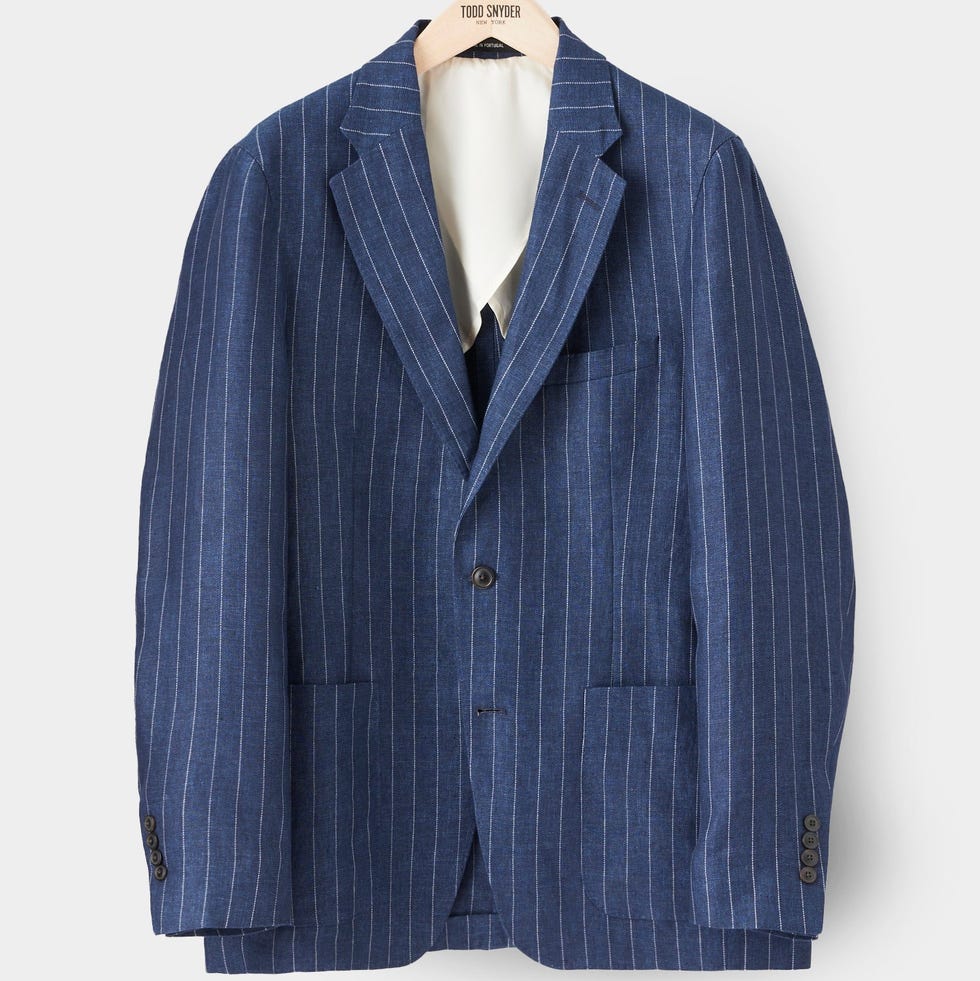 Italian Linen Madison Suit Jacket in Naval Blue Pinstripe