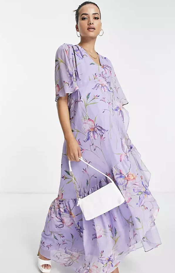 Maternity Flutter-Sleeve Maxi Wrap Dress in Purple Floral