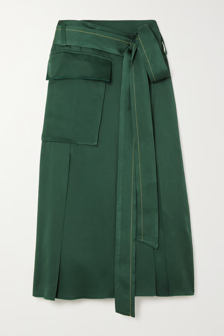Belted Satin Midi Wrap Skirt