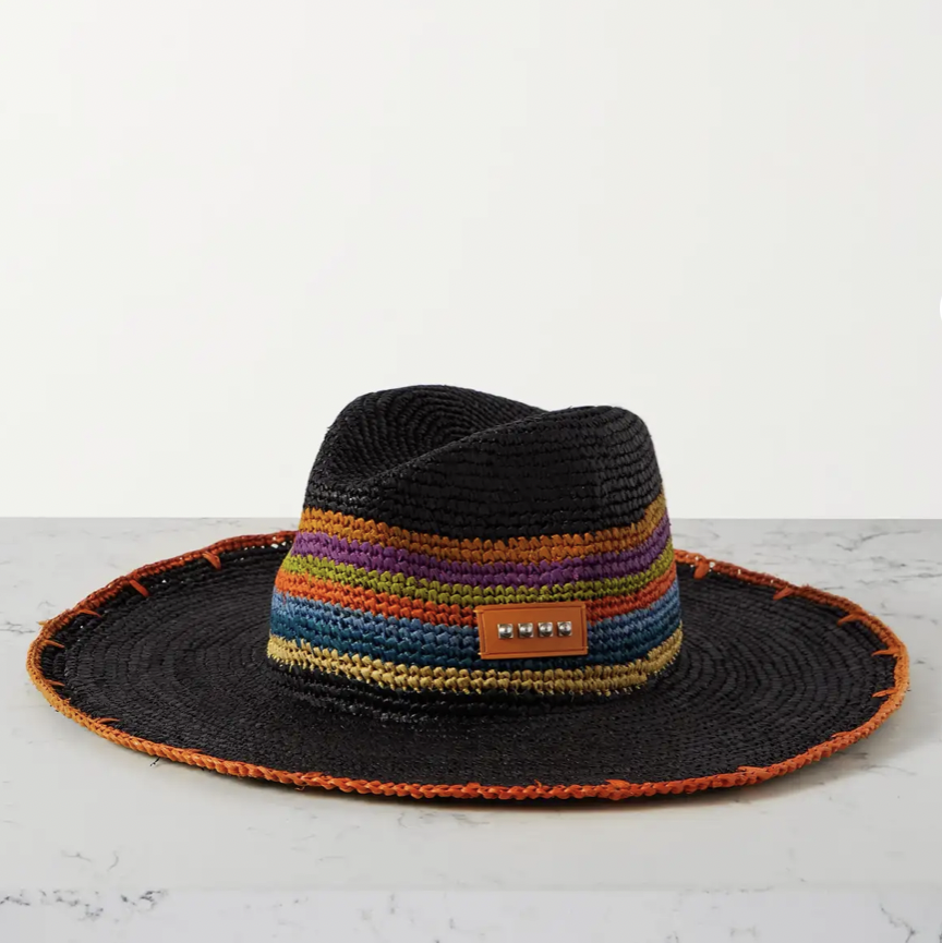 Embellished Striped Raffia Hat