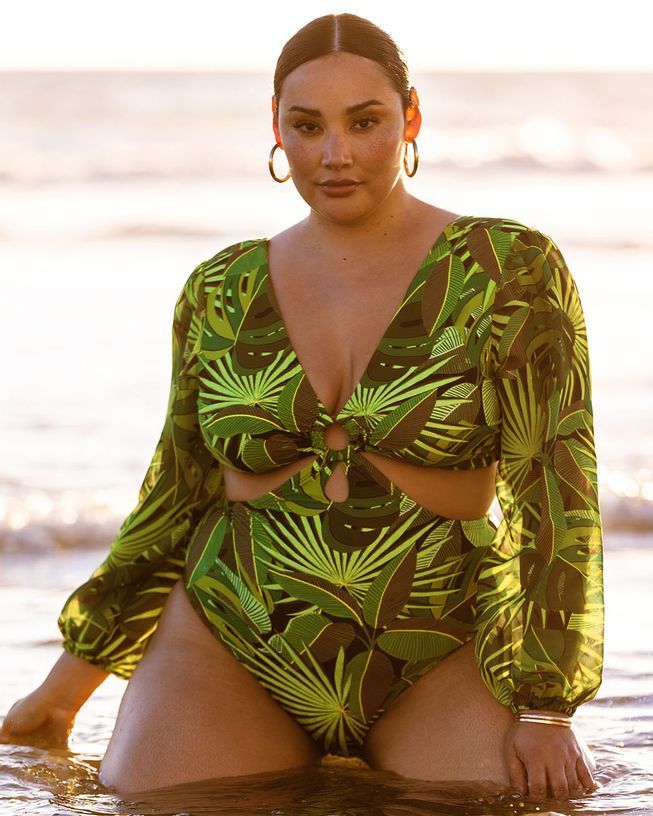 Mixed Media Long-Sleeved Cutout Swimsuit