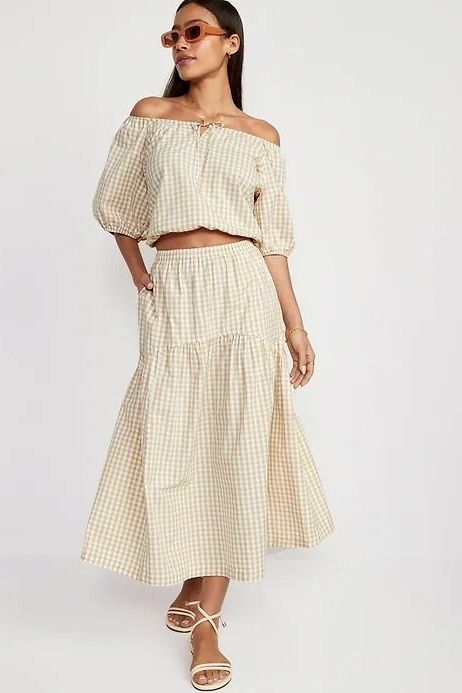 Long tiered gingham skirt for women