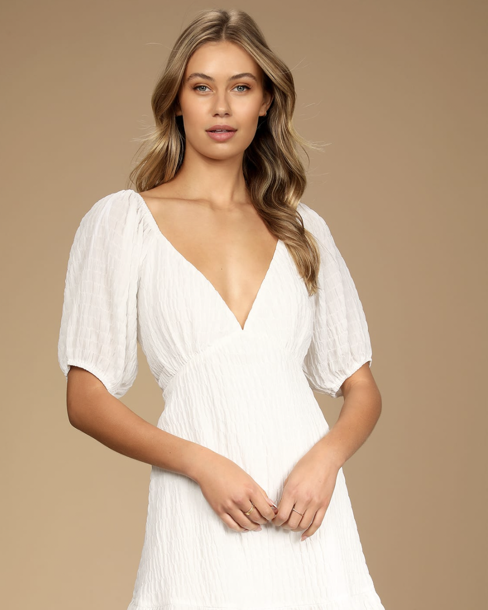 Flirtatious Fit White Puff Sleeve Mini Dress