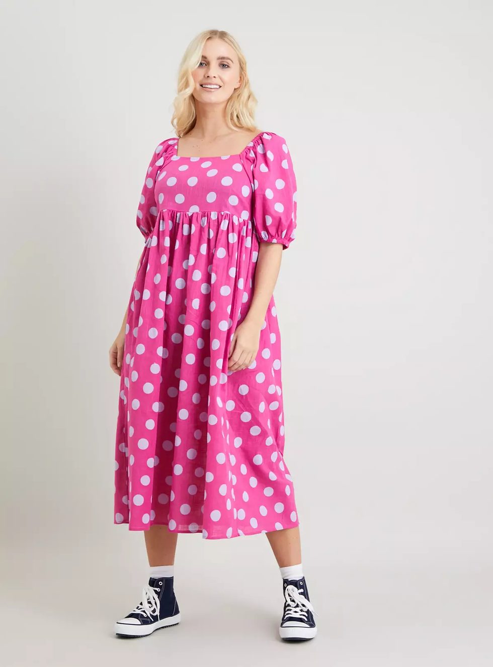 Fuchsia Pink Spot Puff Sleeve Midi Dress