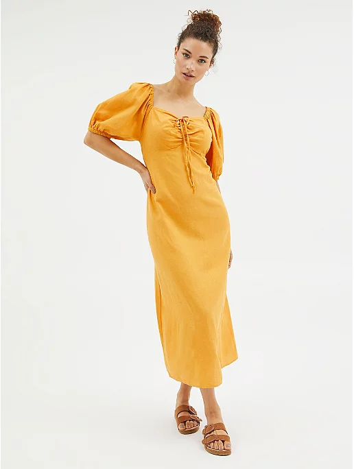 Apricot Ruched Linen Blend Midi Dress