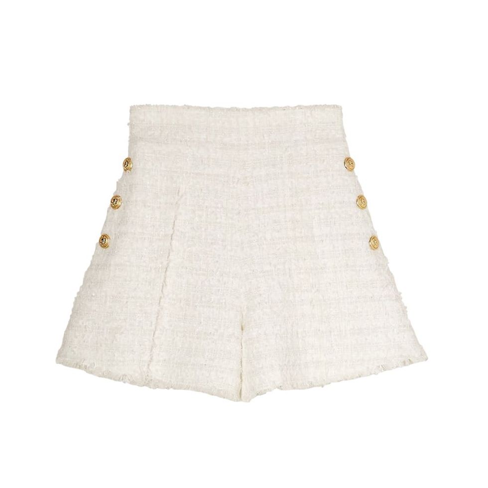 Button-Embellished Frayed Tweed Shorts