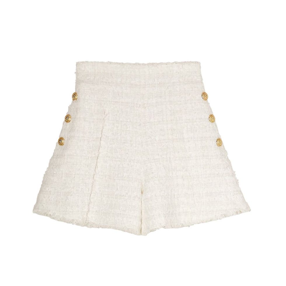 Button-Embellished Frayed Tweed Shorts