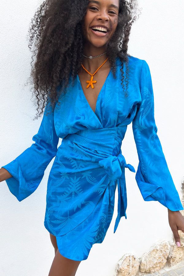 Blue wrap outlet dress with sleeves