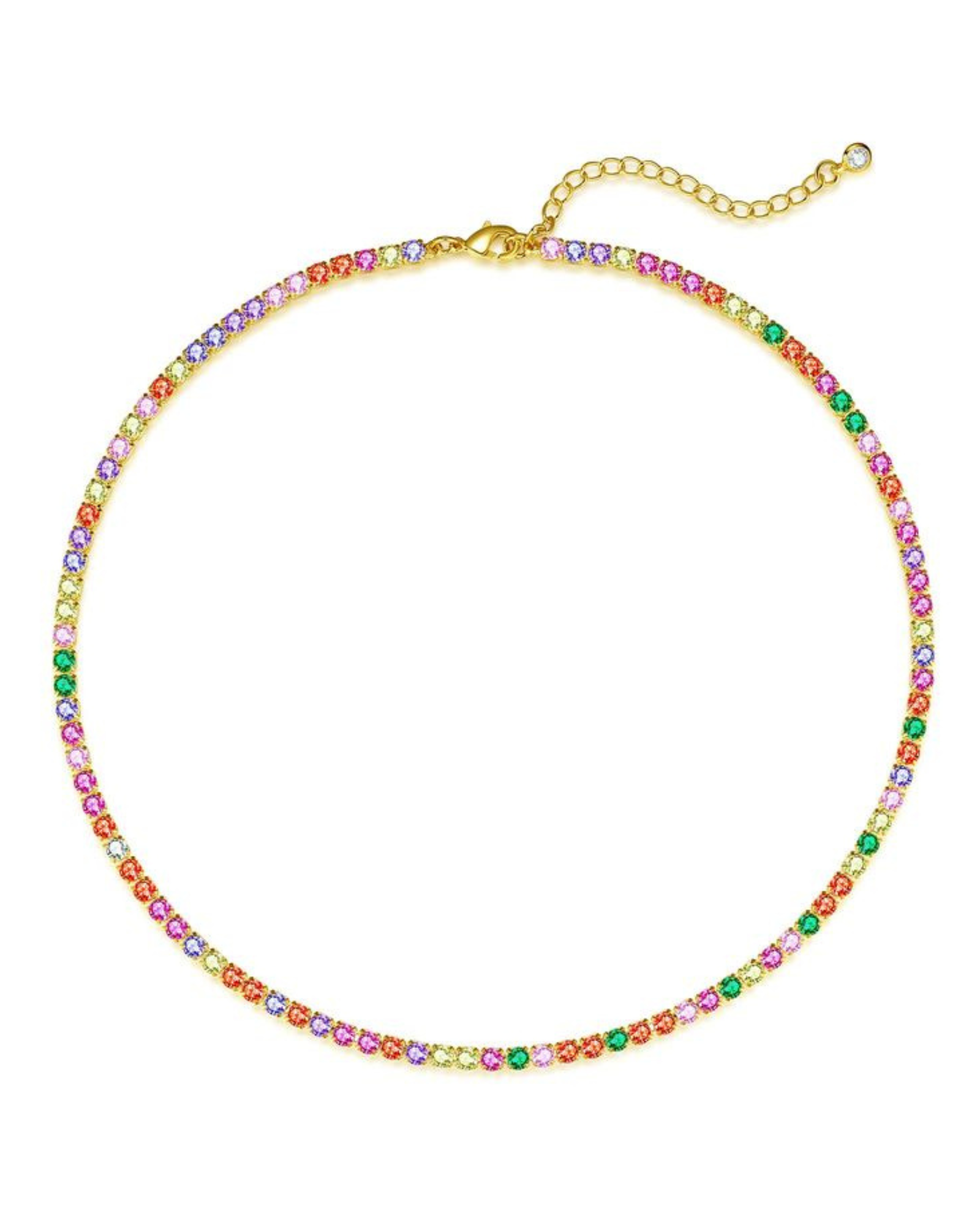 Tennis 14k Gold Plated Multi Color Rainbow Necklace