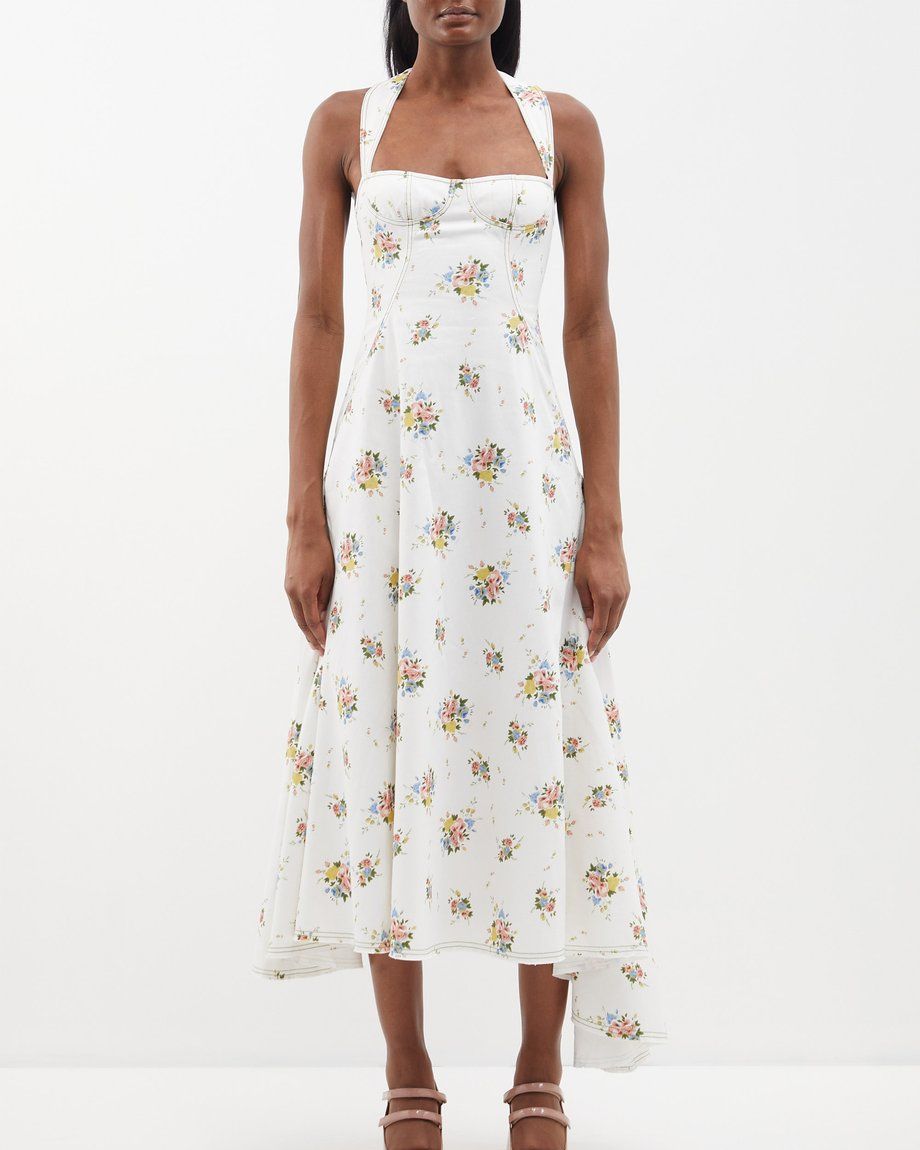 Bustier-Seam Floral Print Midi Dress