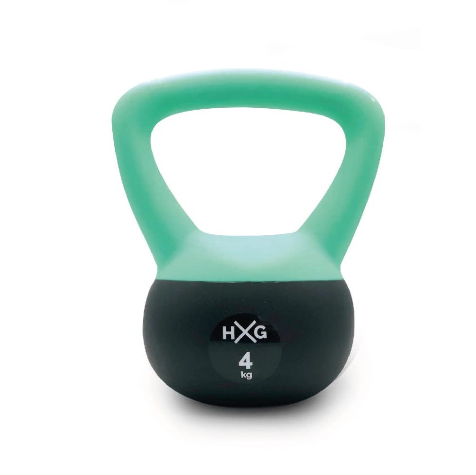 Kettlebell de 4kg hecha de PVC, acero y rellena de arena