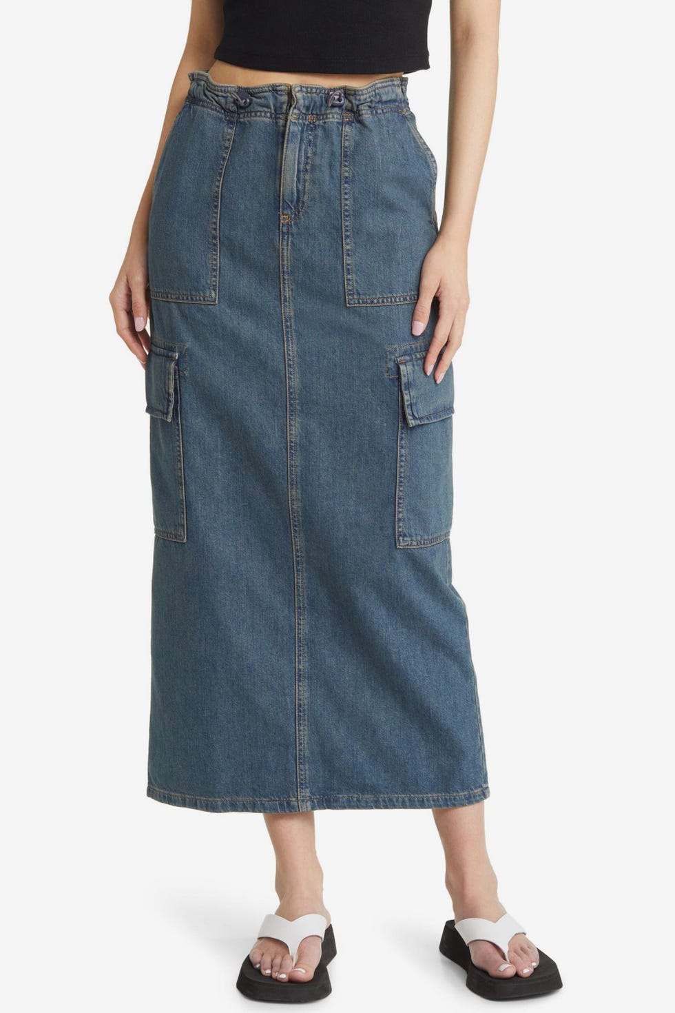 Parachute Denim Cargo Midi Skirt 