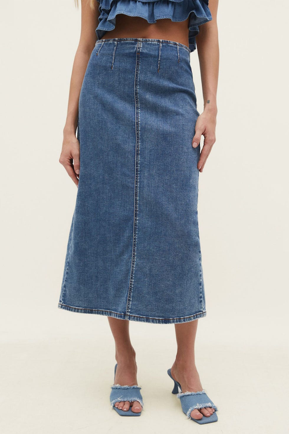 Stretch Denim Midi Skirt 