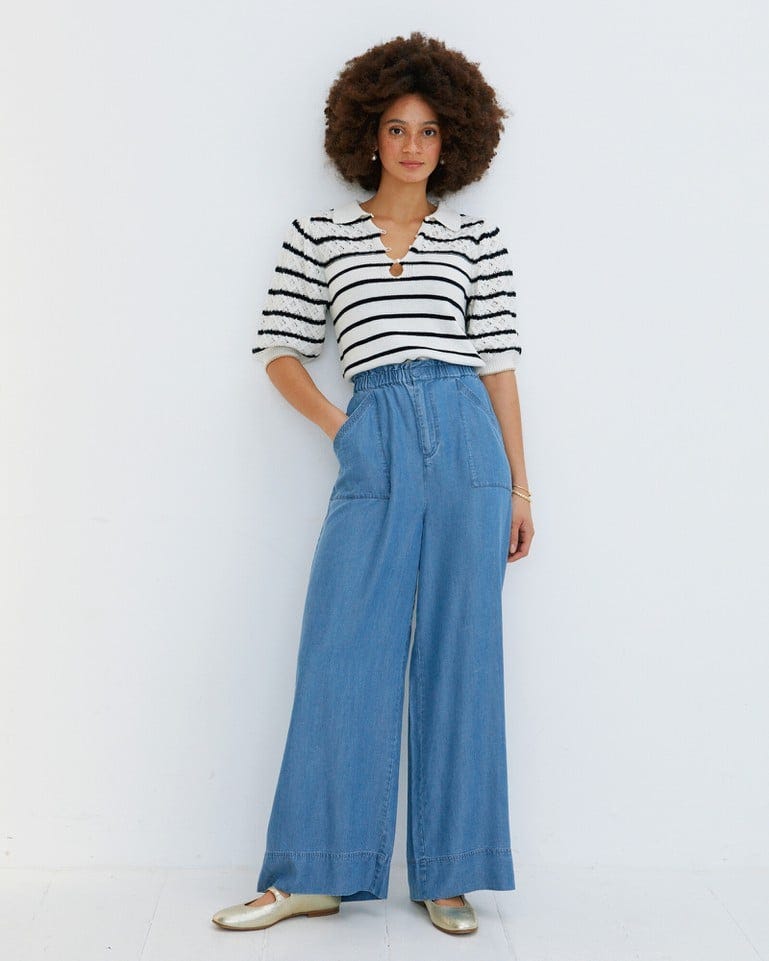 Wide Leg Chambray Blue Paperbag Pants