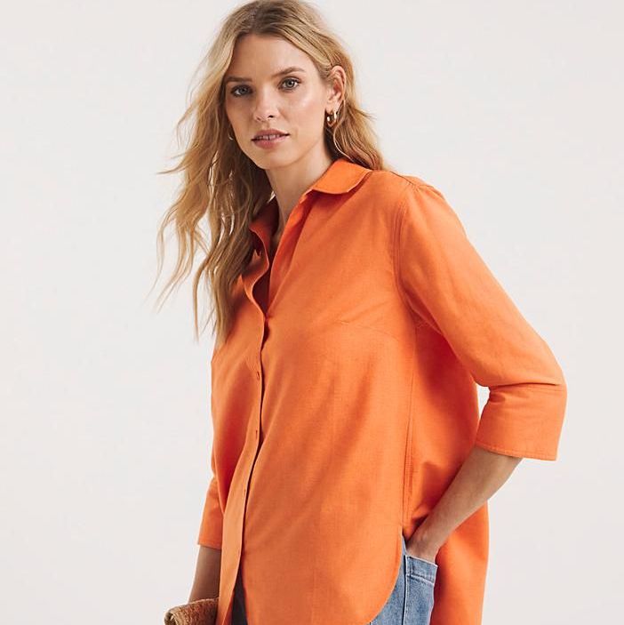 Soft Orange Three Quarter Sleeved Linen Shirt