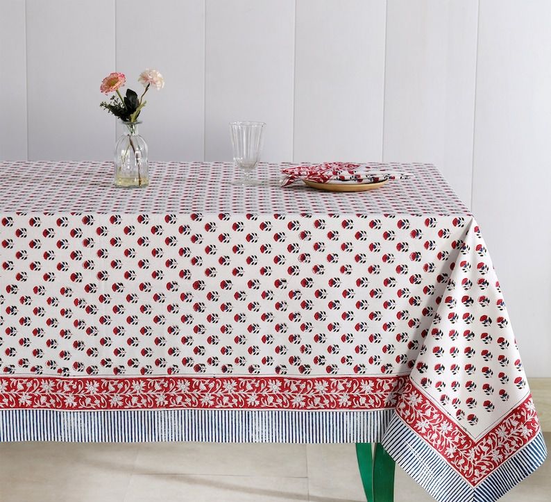 Red, White, and Blue Block Print Tablecloth