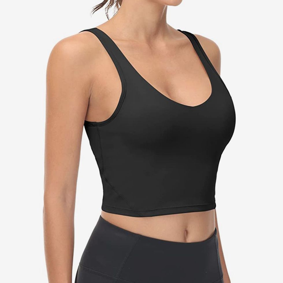 CRZ YOGA Womens Seamless Ribbed Longline High Neck Sports Bra - Racerback  Padded Slim Fit Crop Tank Top with Built in Bra Black XX-Small at  Women's  Clothing store