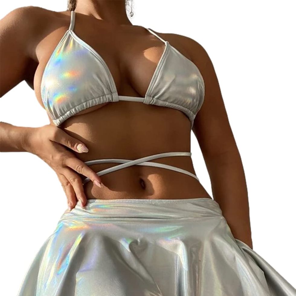Holographic Strappy Bikini Top, Bottom, Skirt 3 Piece Set