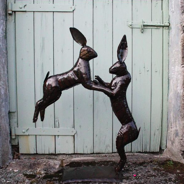 Large Boxing Hares Metal Sculpture