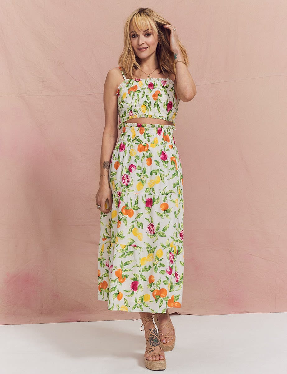 Fruit Print Shirred Honey Crop Top